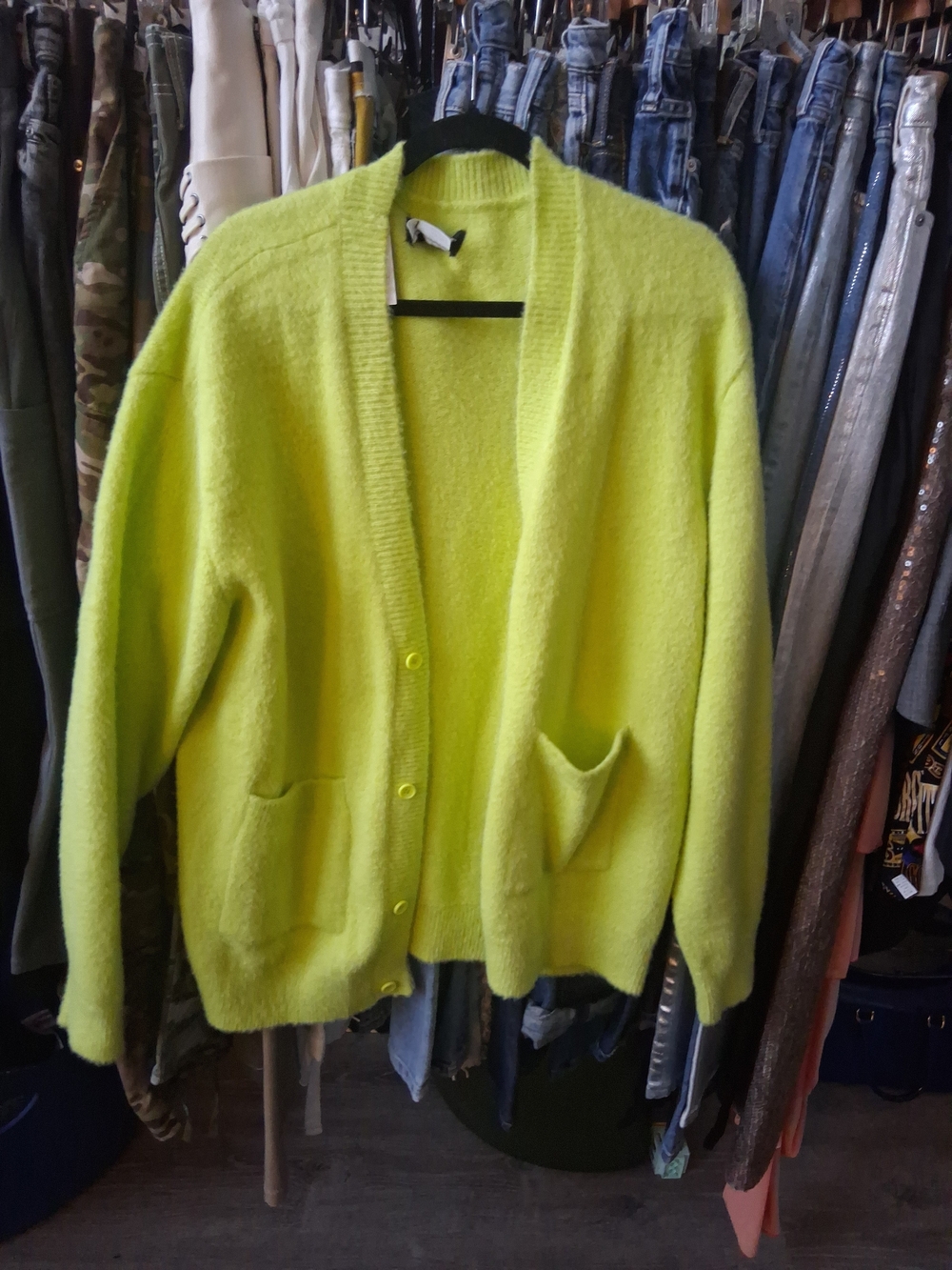 Original Use Neon Lime Fuzzy Button-Front Women's Cardigan